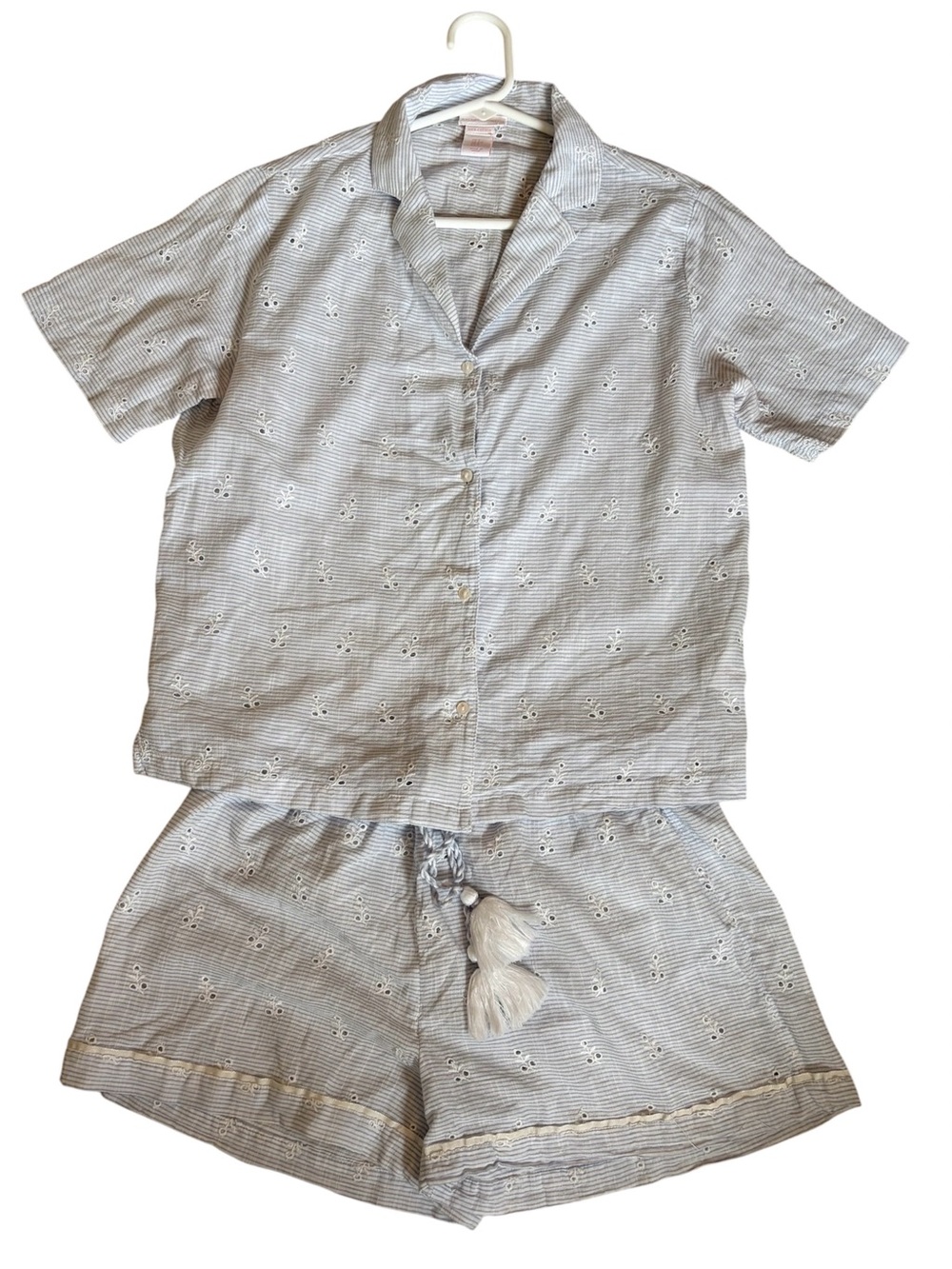 Rachel Ashwell Cotton Light Blue Striped Eyelet Pajama Set - Picture 4 of 8